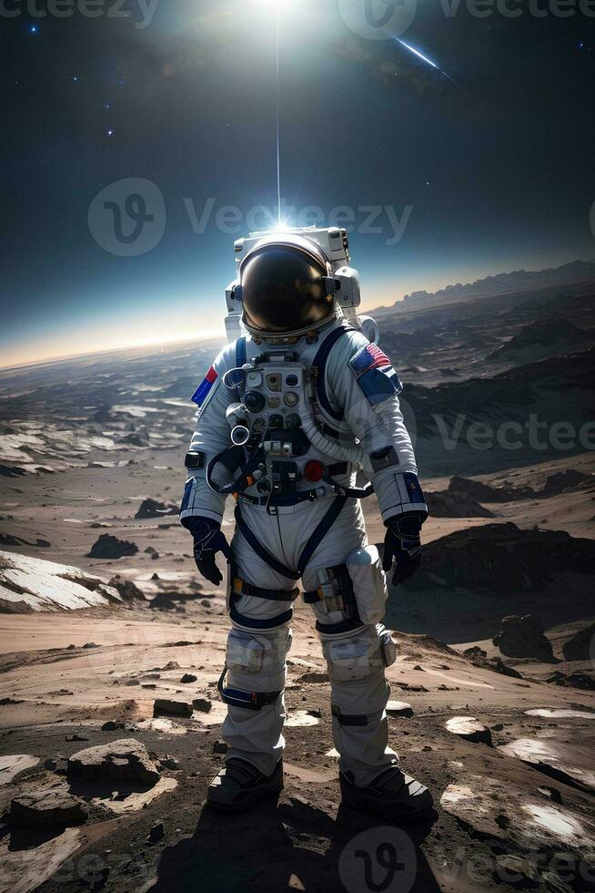 Astronaut spaceman on the space landscape. Space and universe exploration concept. AI generative photo
