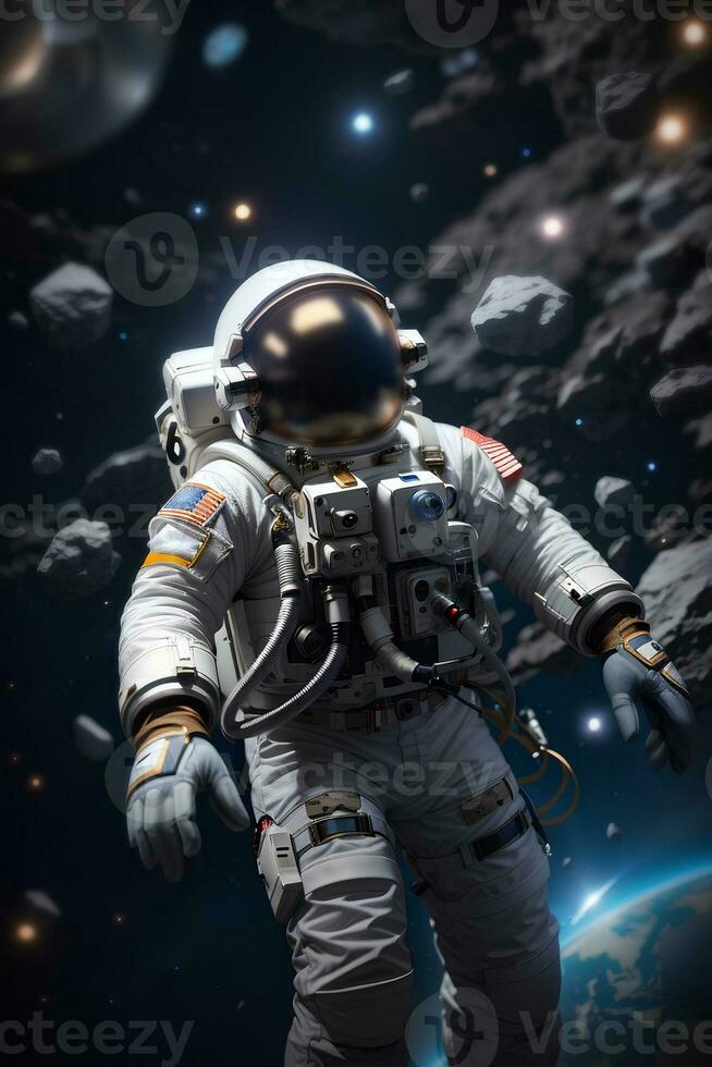 Astronaut spaceman floating in outer space. Science fiction theme. World Astronaut Day. AI generative photo