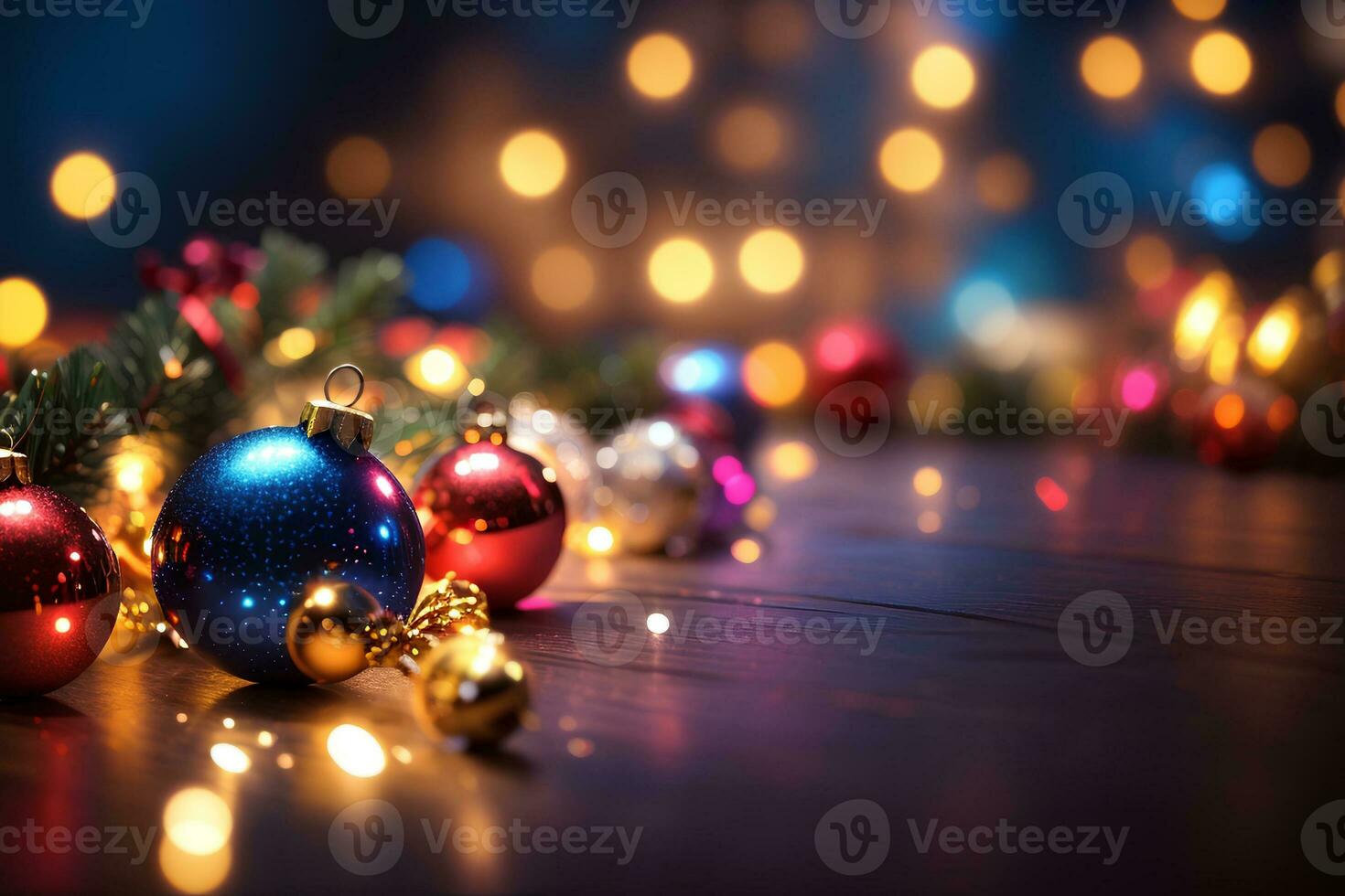 Table with christmas decorations on defocused bokeh background. Christmas and New Year celebration. Place for your text. AI generative photo