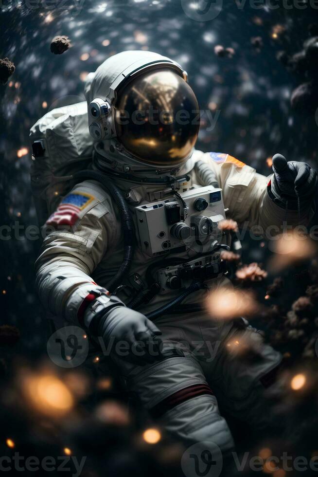 Astronaut spaceman floating in outer space. Science fiction theme. World Astronaut Day. AI generative photo