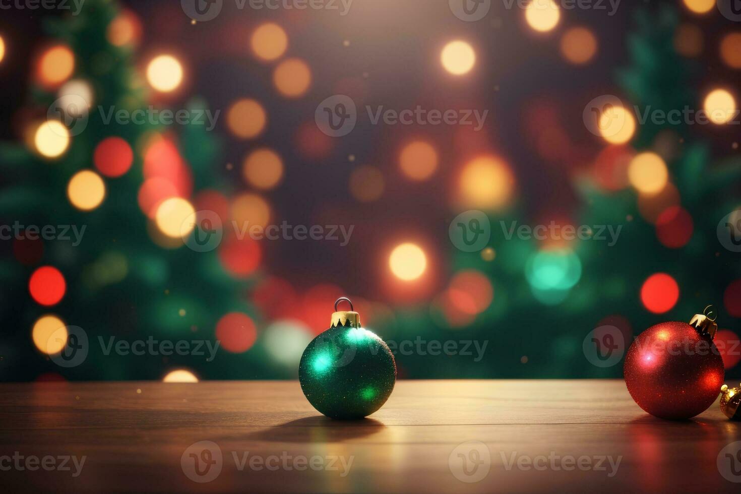 Table with christmas decorations on defocused bokeh background. Christmas and New Year celebration. Place for your text. AI generative photo