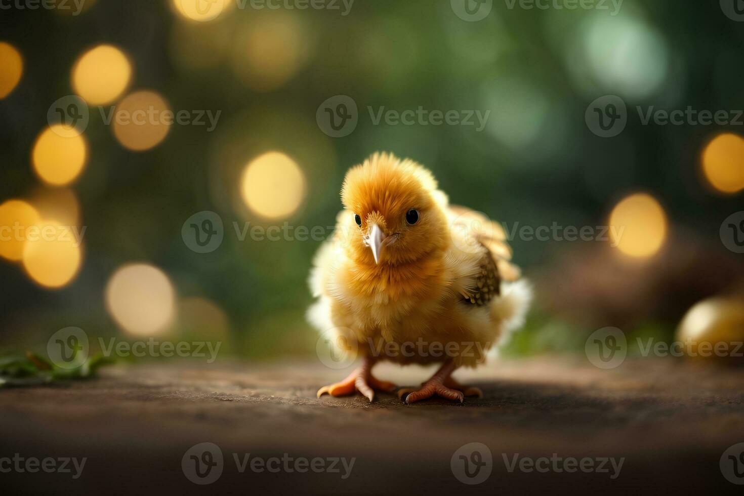 Little yellow baby chick on blurred bokeh background. Concept happy easter day. AI generative photo