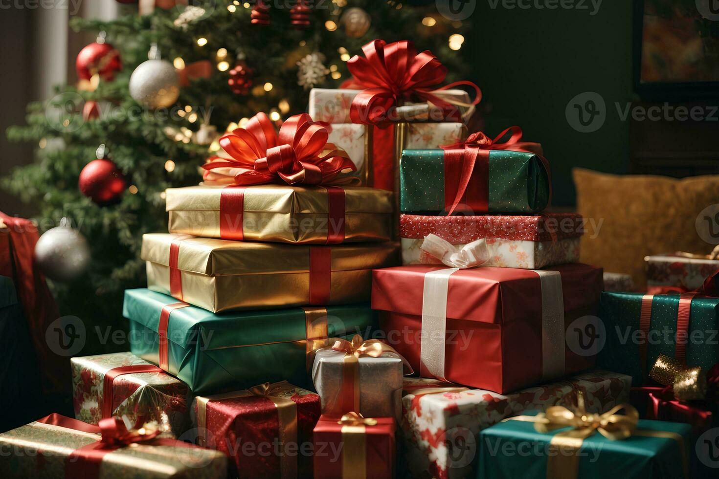 Christmas presents on the background of the Christmas tree. Gifts for the holiday. AI generative photo