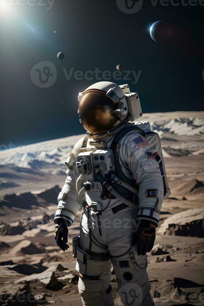 Astronaut spaceman on the space landscape. Space and universe exploration concept. AI generative photo