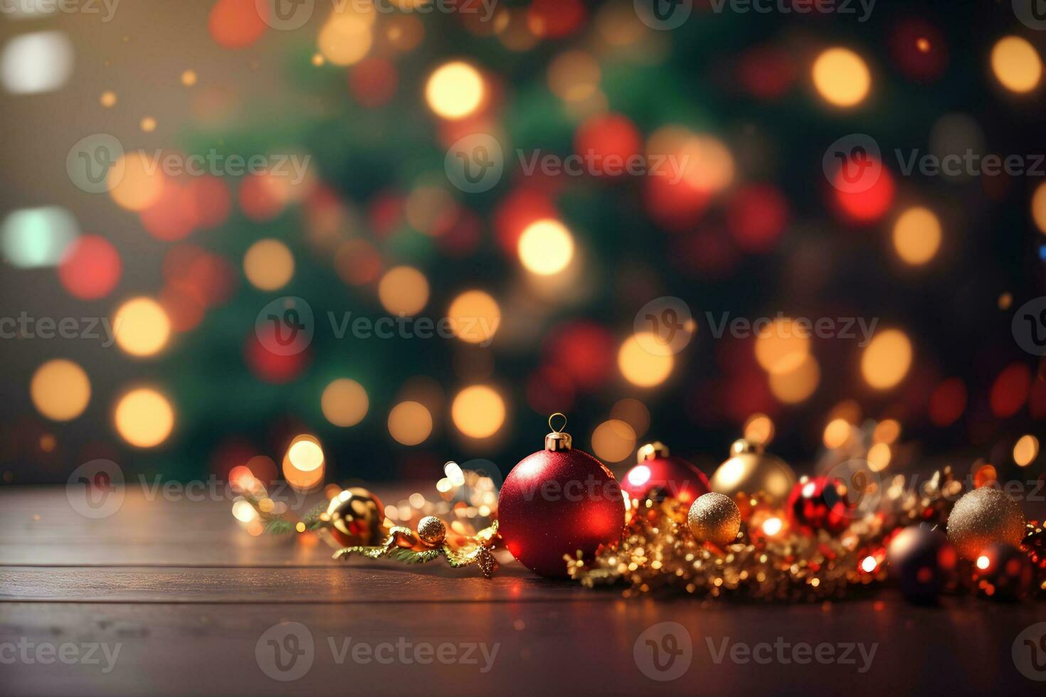 Table with christmas decorations on defocused bokeh background. Christmas and New Year celebration. Place for your text. AI generative photo