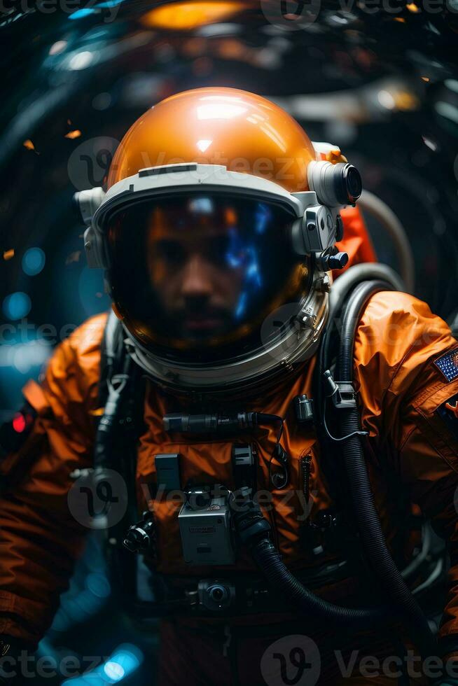 Astronaut spaceman in outer space. Close up. Science fiction theme. AI generative photo