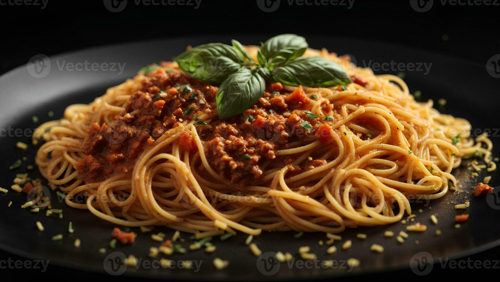 Hot spaghetti pasta with tomato sauce, parmesan and basil leaves in black plate on dark background.Italian dish. AI generative photo
