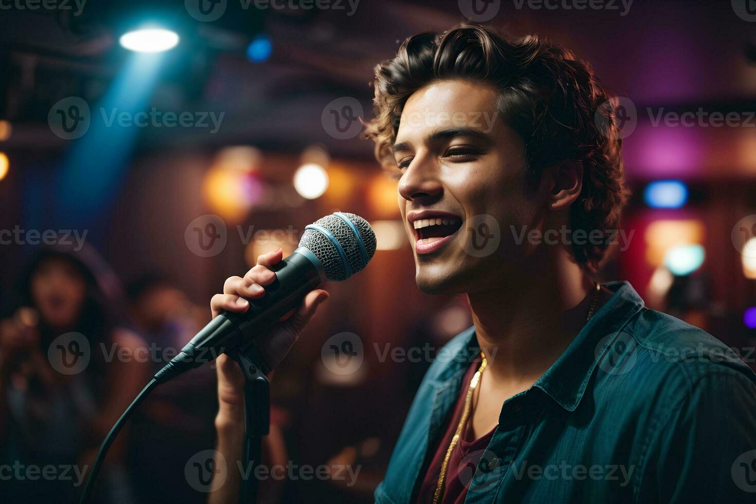 Beautiful young man singing into a microphone in a nightclub. Karaoke Singer. Music concept. AI GENERATIVE photo