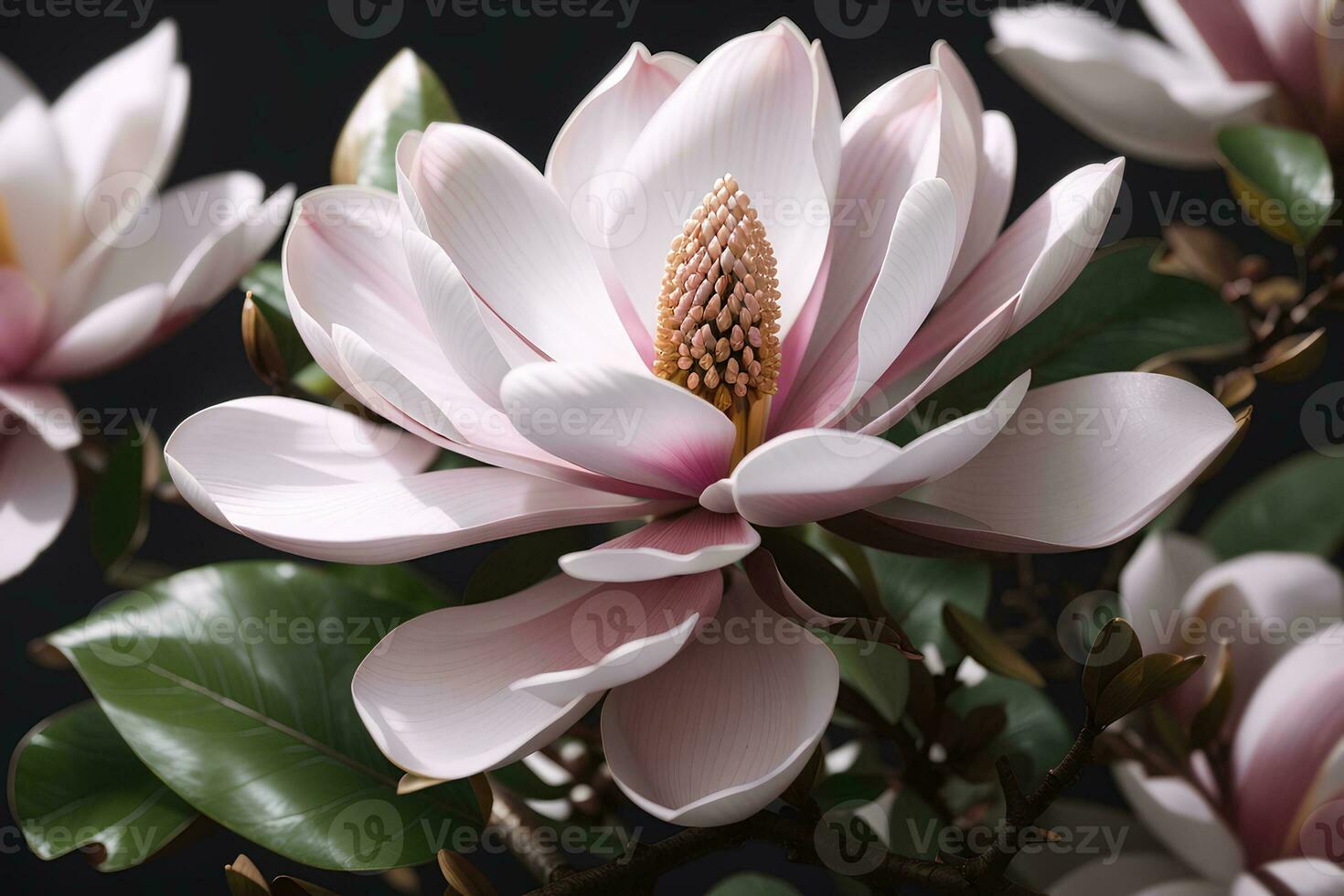 Magnolia flower on dark background, close up. Floral background. AI generative photo