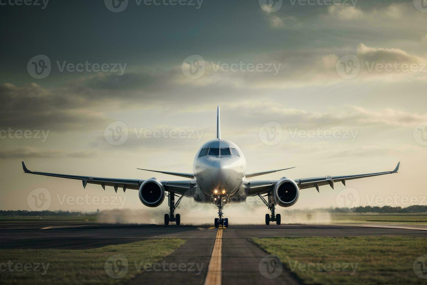 Airplane taking off from the airport runway. Concept of travel. AI generative photo