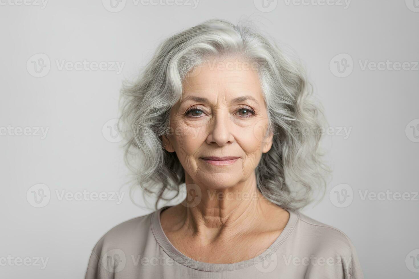 Beautiful senior woman with grey hair isolated on grey background. Healthy face skin care beauty, skincare cosmetics. AI GENERATIVE photo