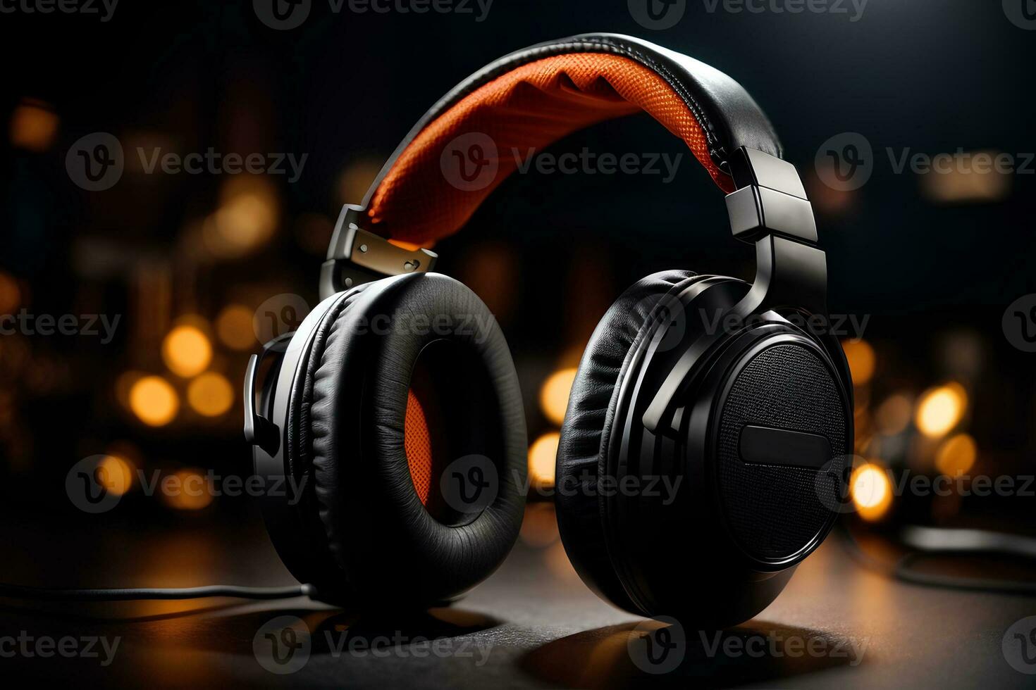 Headphones on dark background with bokeh lights. Music concept. AI GENERATIVE photo