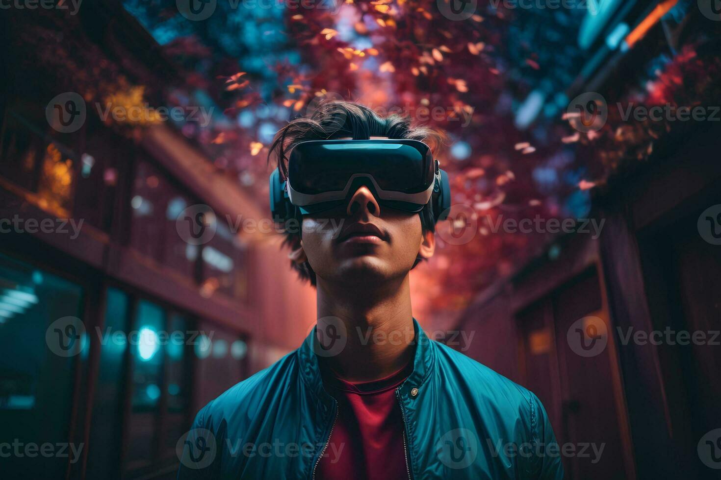 Young man wearing virtual reality glasses in a city street. Technology concept. AI generative photo