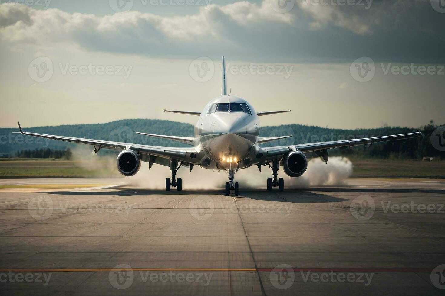 Airplane taking off from the airport runway. Concept of travel. AI generative photo