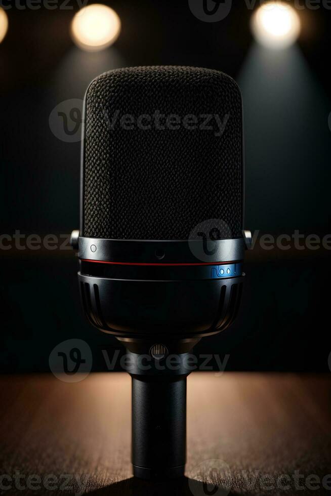 Microphone on a table in a recording studio with lights in the background. AI GENERATIVE photo