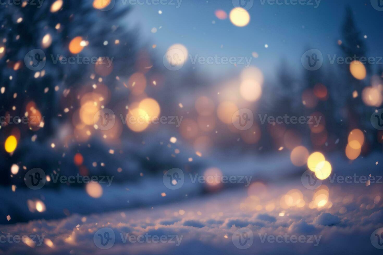 Winter background with snowflakes and blurred bokeh lights. AI generative photo