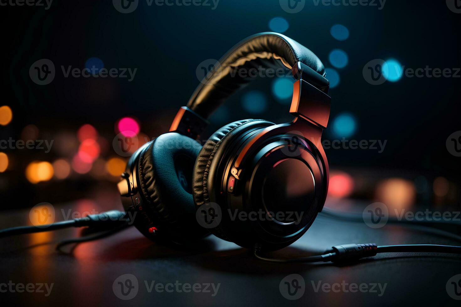 Headphones on dark background with bokeh lights. Music concept. AI GENERATIVE photo