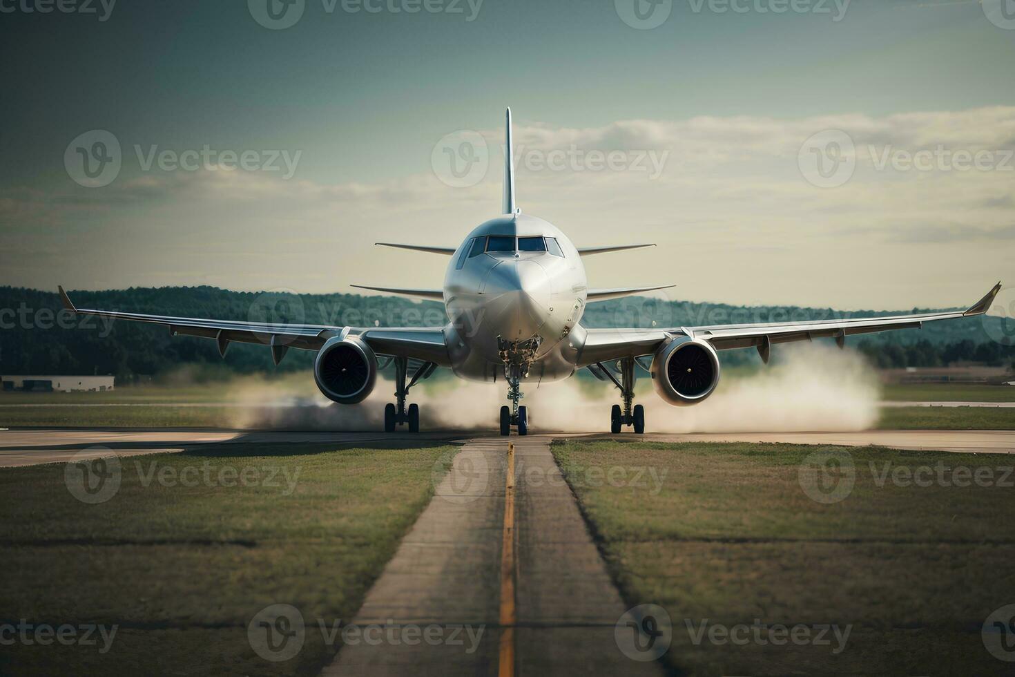 Airplane taking off from the airport runway. Concept of travel. AI generative photo