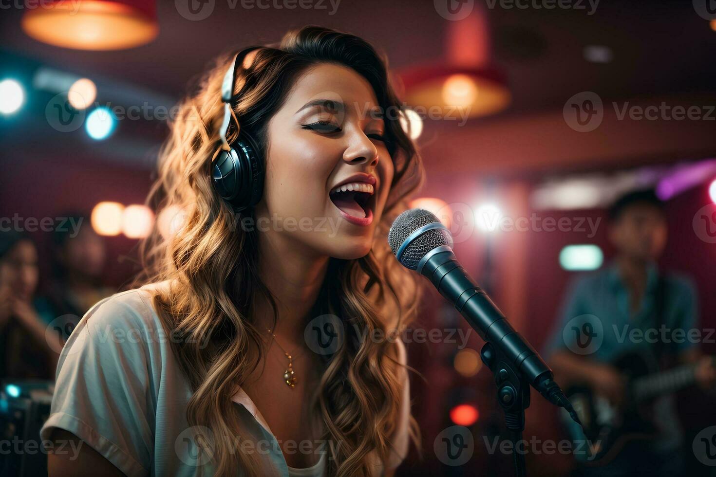 Beautiful young woman singing into a microphone in a nightclub. Karaoke Singer. Music concept. AI GENERATIVE photo