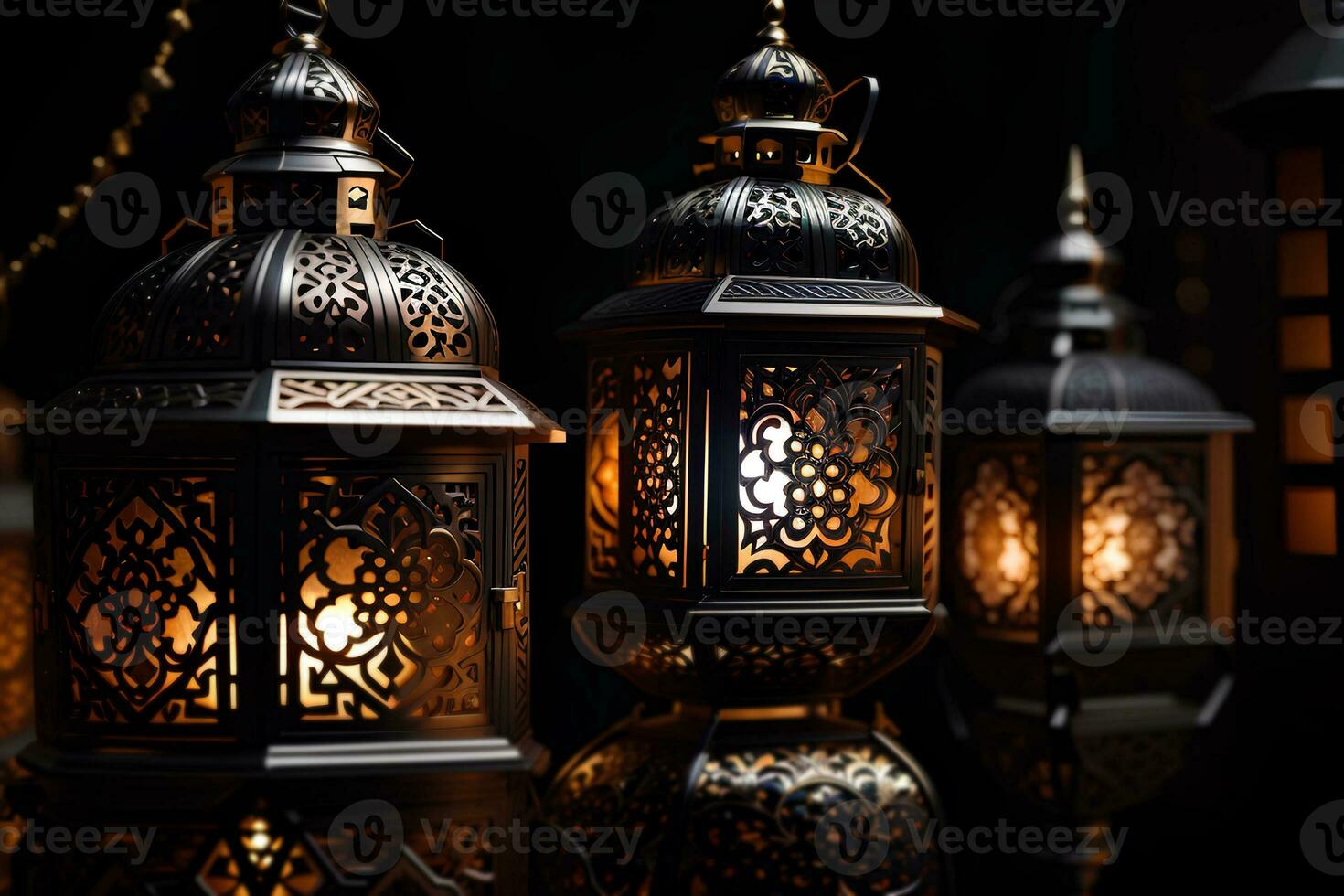 Decorative Arabic lanterns with burning candles inside on dark background. Festive greeting card, invitation for Muslim holy month Ramadan Kareem. AI GENERATIVE photo