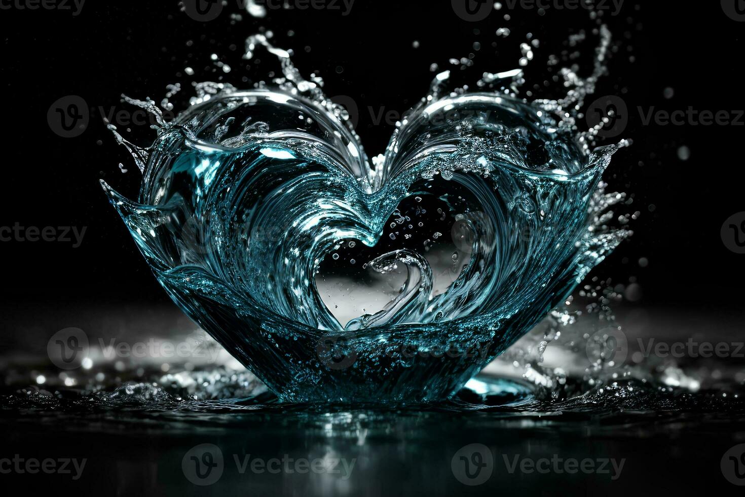 Heart made of water splashes and drops on dark background. Love concept. Valentine's Day. AI generative photo