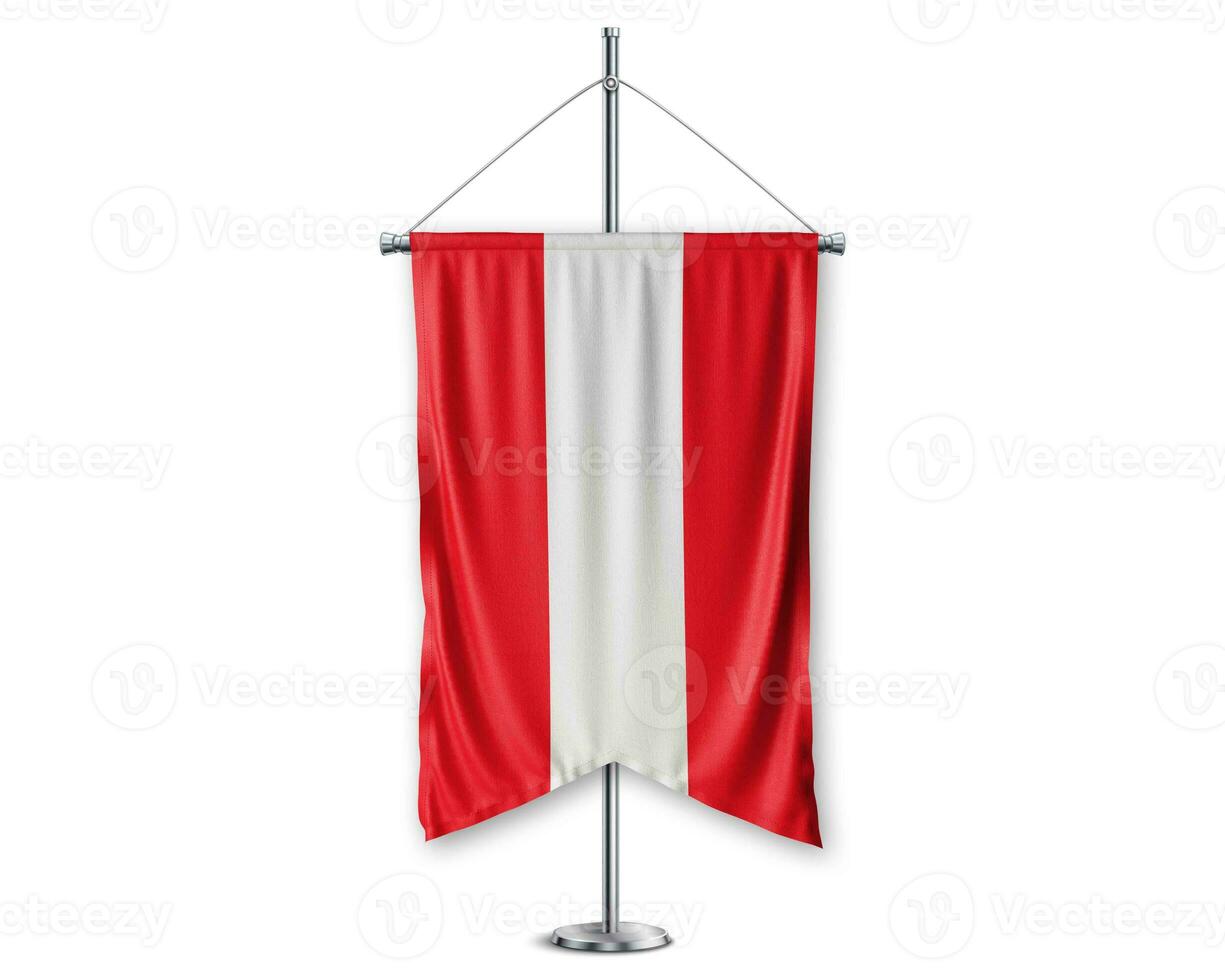 Austria up pennants 3D flags on pole stand support pedestal realistic set and white background. - Image photo