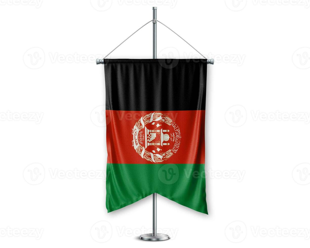 Afghanistan up pennants 3D flags on pole stand support pedestal realistic set and white background. - Image photo
