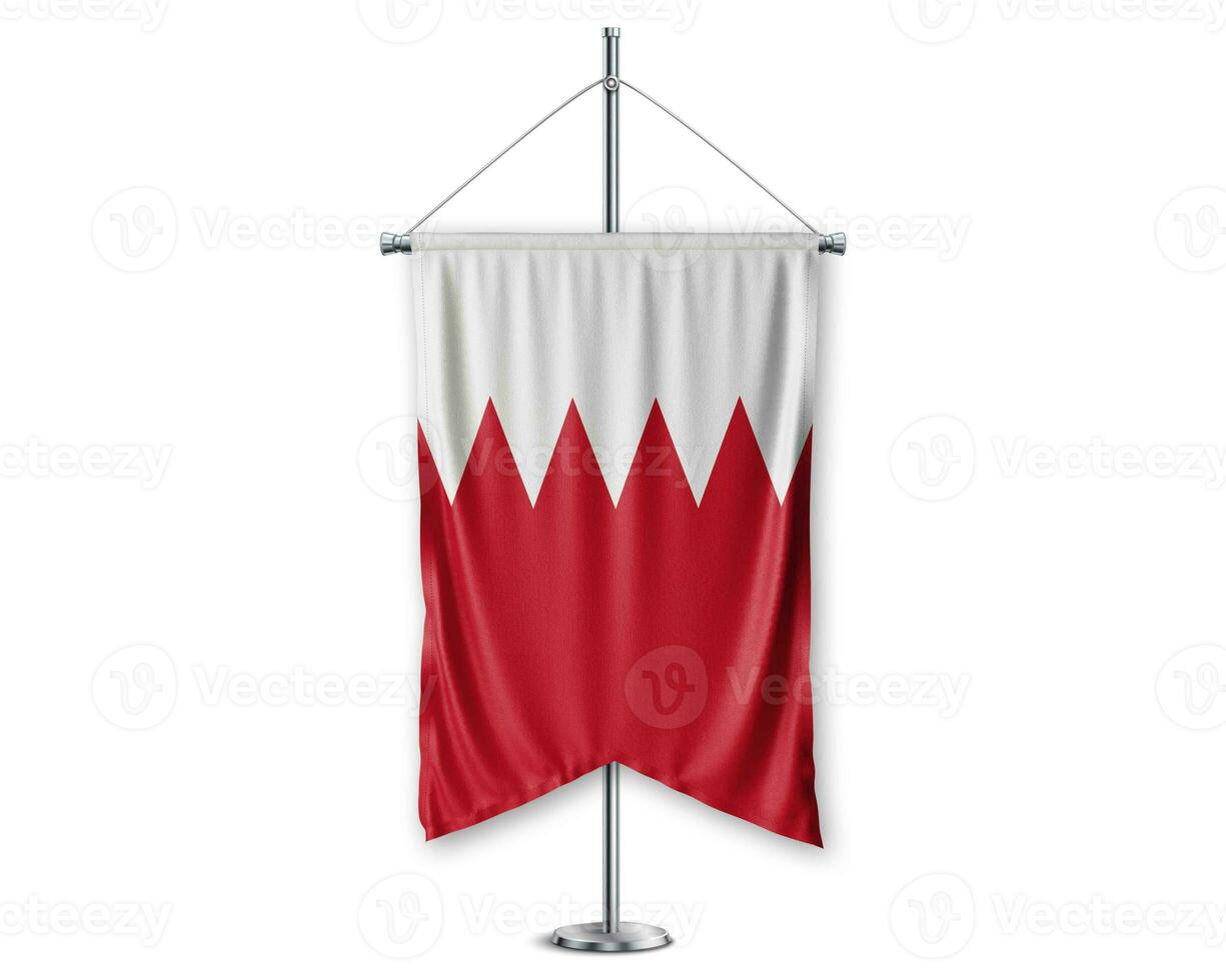 Bahrain up pennants 3D flags on pole stand support pedestal realistic set and white background. - Image photo