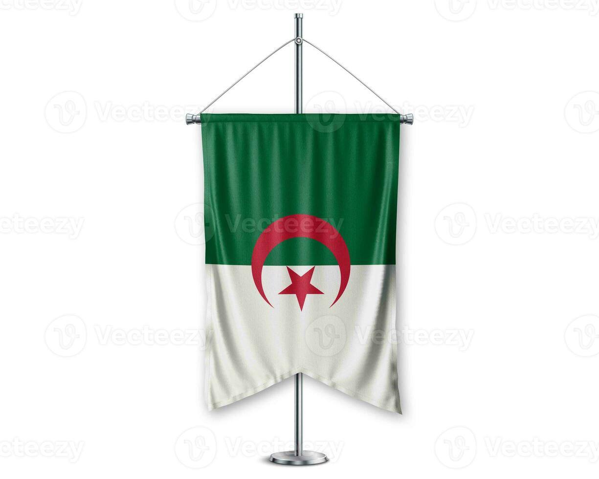 Algeria  up pennants 3D flags on pole stand support pedestal realistic set and white background. - Image photo