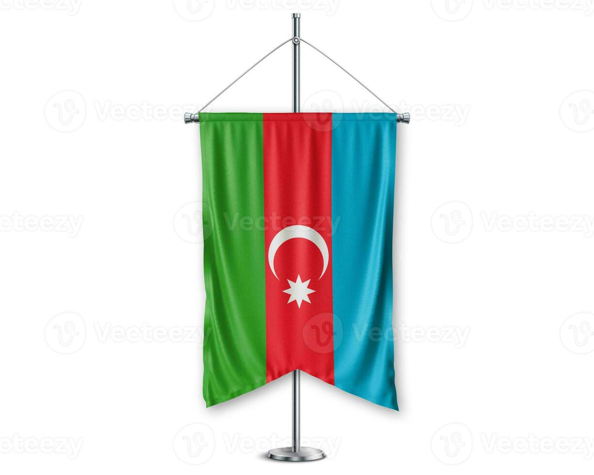 Azerbaijan up pennants 3D flags on pole stand support pedestal realistic set and white background. - Image photo