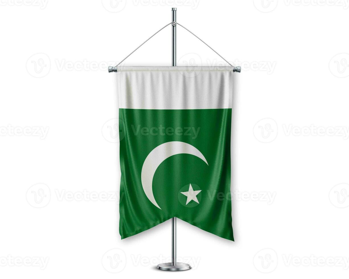 Pakistan up pennants 3D flags on pole stand support pedestal realistic set and white background. - Image photo