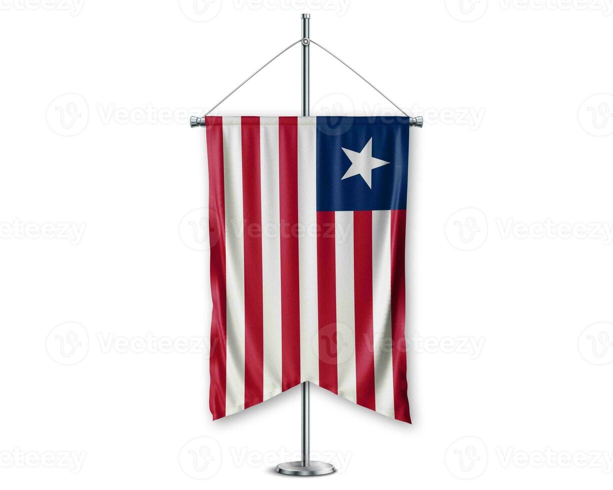 Liberia up pennants 3D flags on pole stand support pedestal realistic set and white background. - Image photo