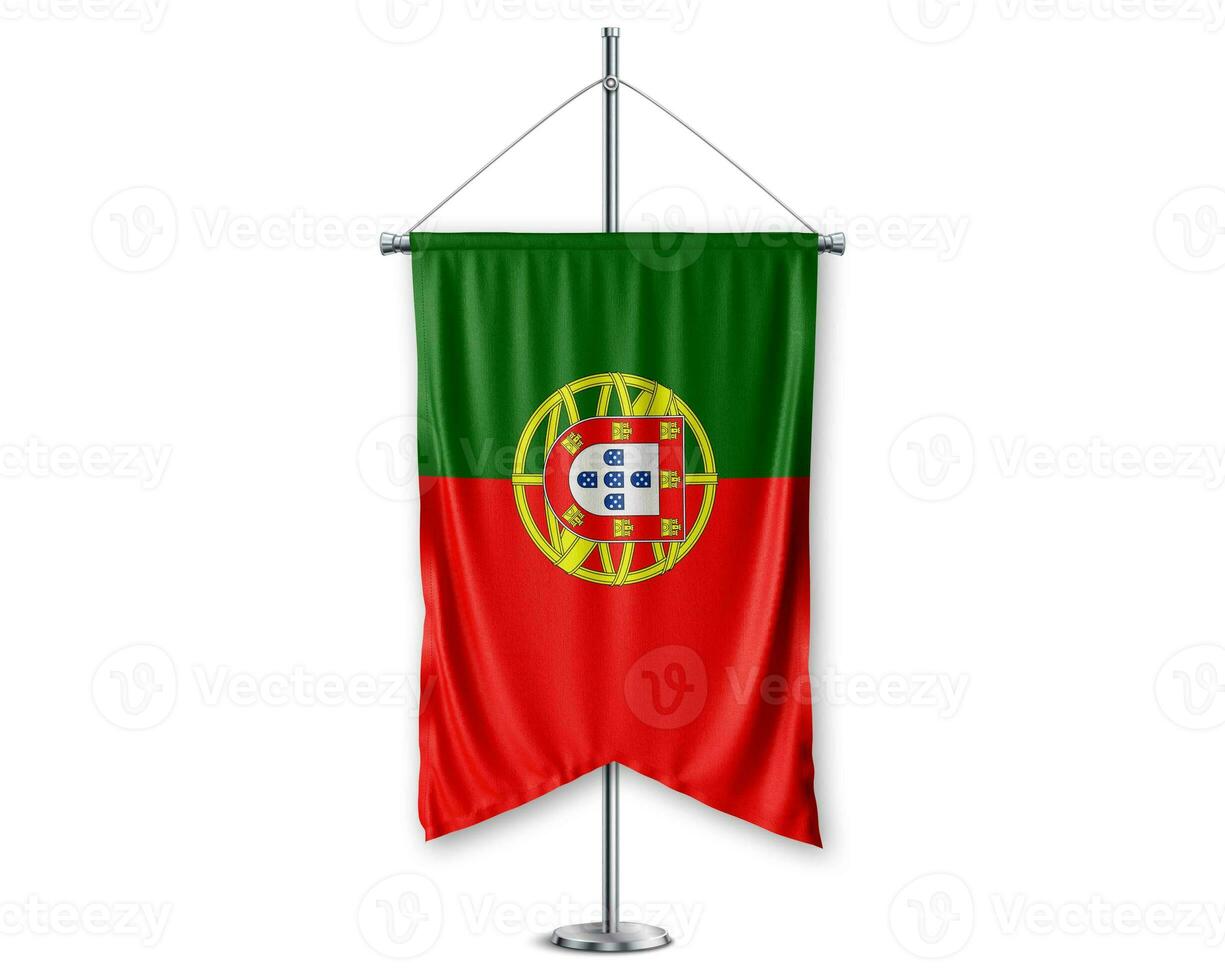 Portuqal up pennants 3D flags on pole stand support pedestal realistic set and white background. - Image photo