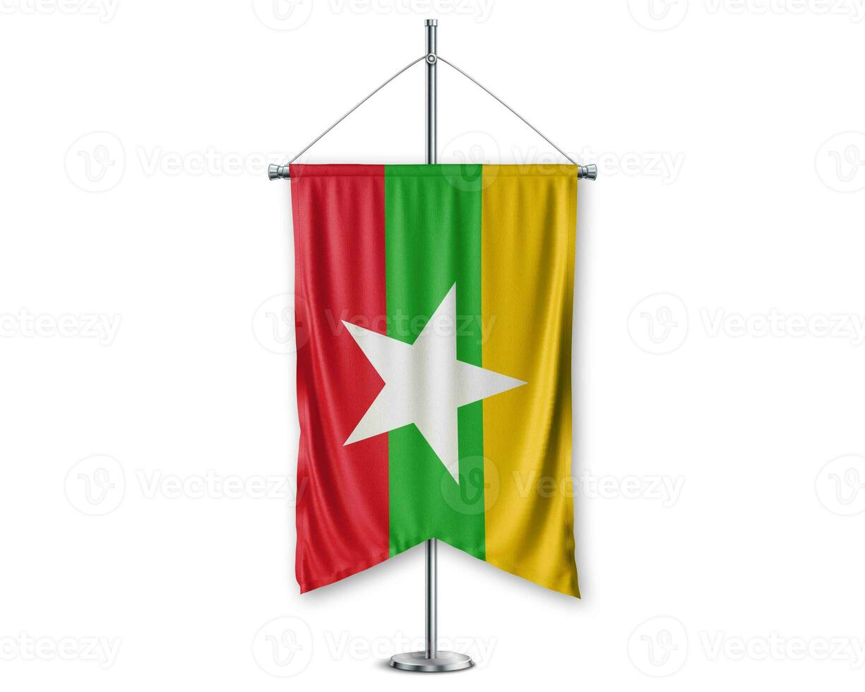 Myanmar up pennants 3D flags on pole stand support pedestal realistic set and white background. - Image photo