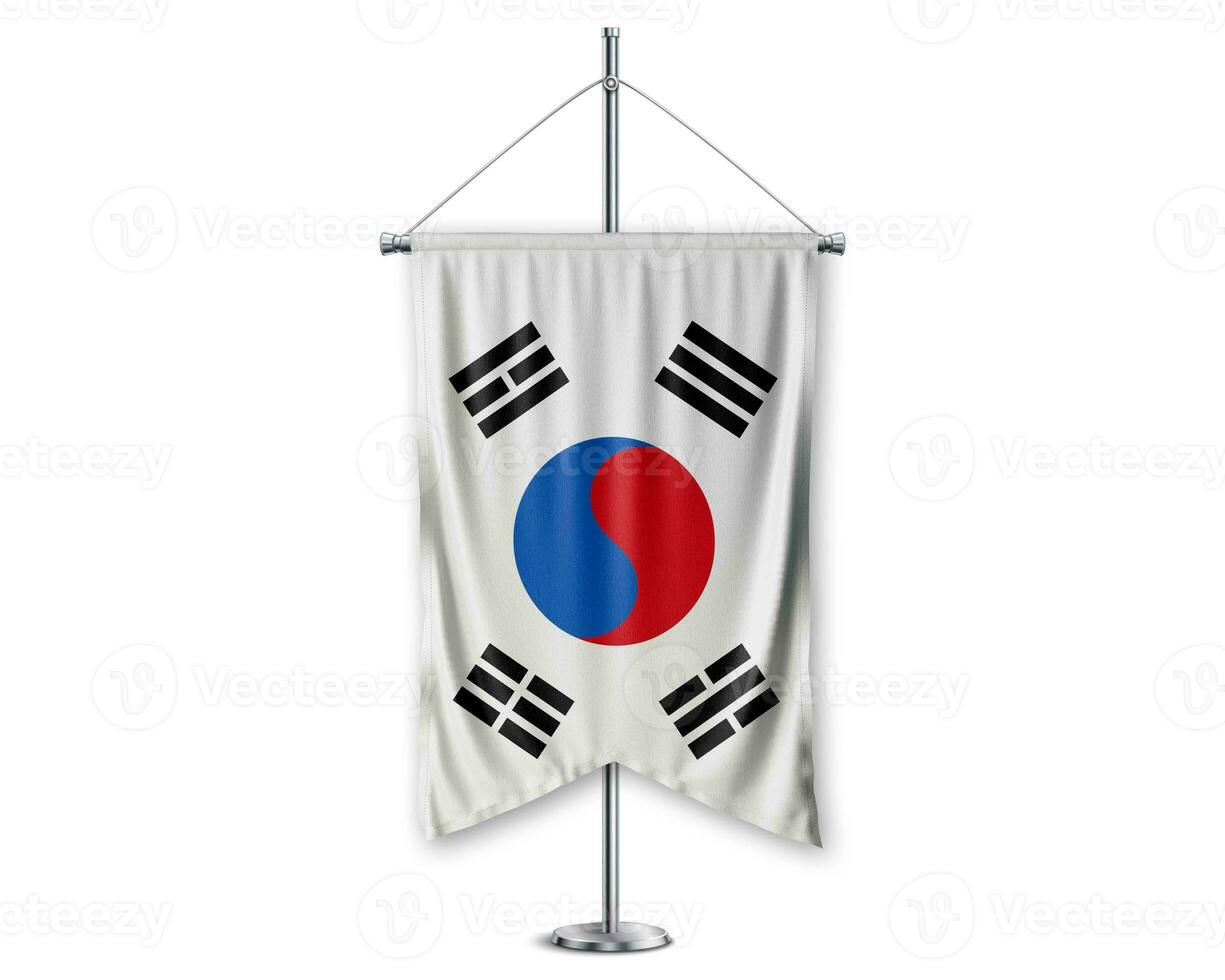 South Korea up pennants 3D flags on pole stand support pedestal realistic set and white background. - Image photo