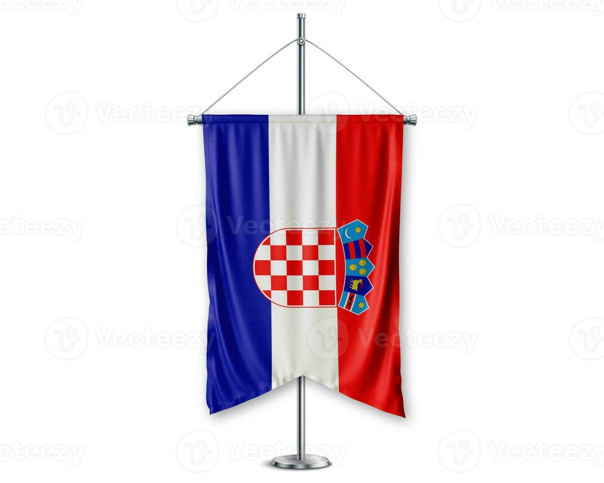 Croatia up pennants 3D flags on pole stand support pedestal realistic set and white background. - Image photo