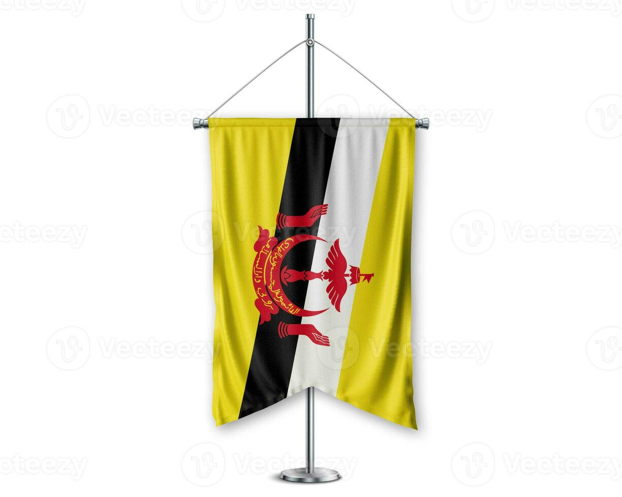 Brunei up pennants 3D flags on pole stand support pedestal realistic set and white background. - Image photo
