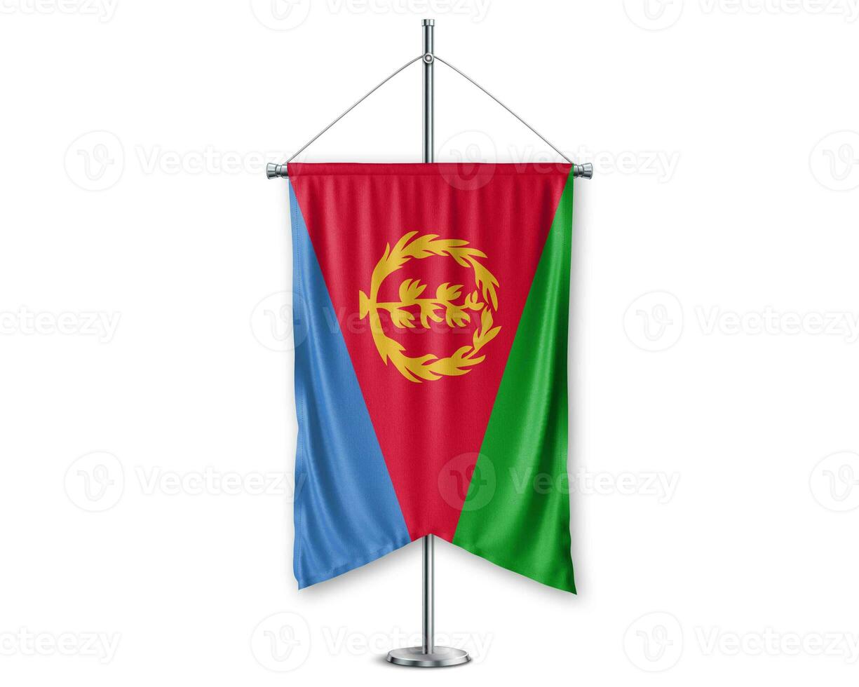 Eritea up pennants 3D flags on pole stand support pedestal realistic set and white background. - Image photo