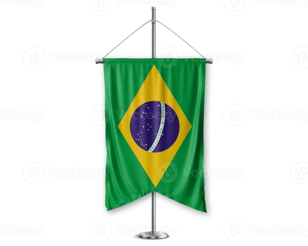 Brazil up pennants 3D flags on pole stand support pedestal realistic set and white background. - Image photo