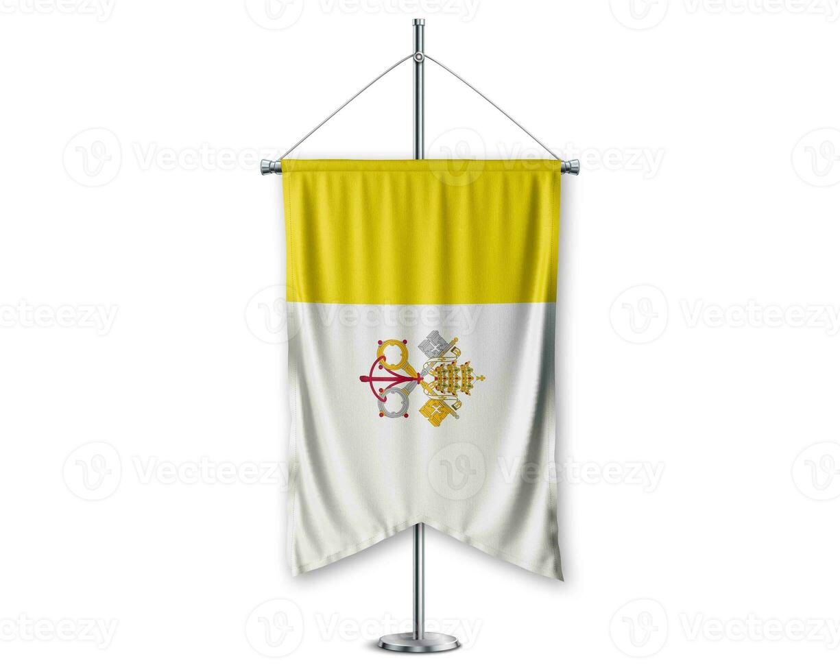 Vatican City Holy See up pennants 3D flags on pole stand support pedestal realistic set and white background. - Image photo
