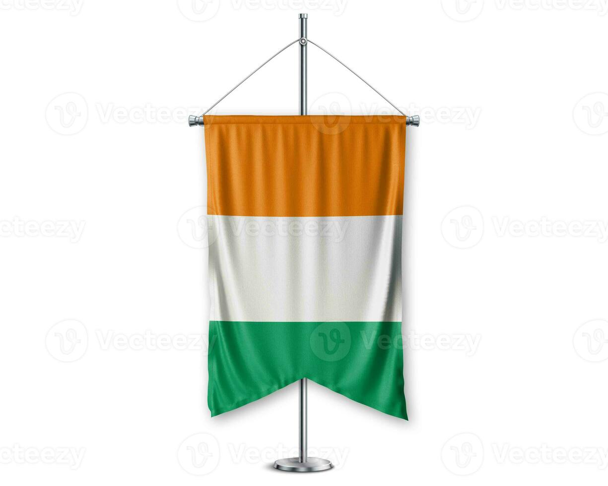 Cote Dlvoire up pennants 3D flags on pole stand support pedestal realistic set and white background. - Image photo