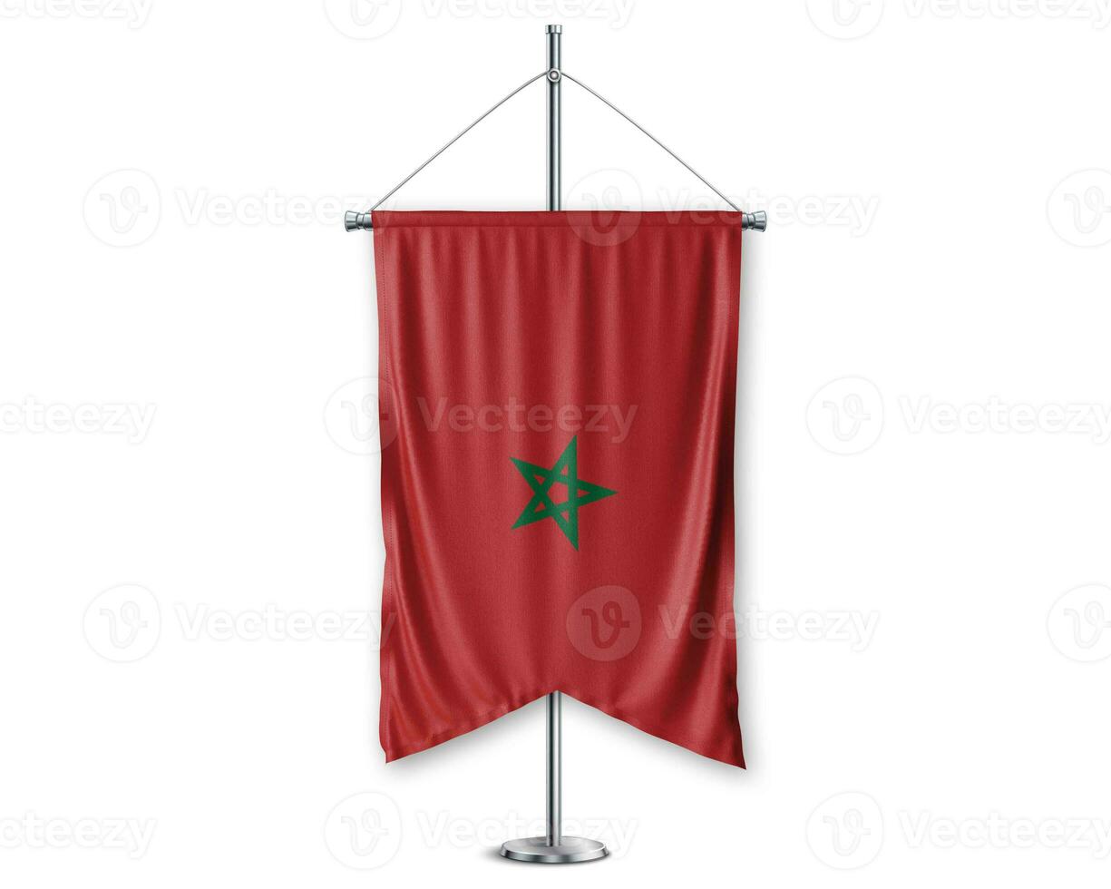 Morocco up pennants 3D flags on pole stand support pedestal realistic set and white background. - Image photo