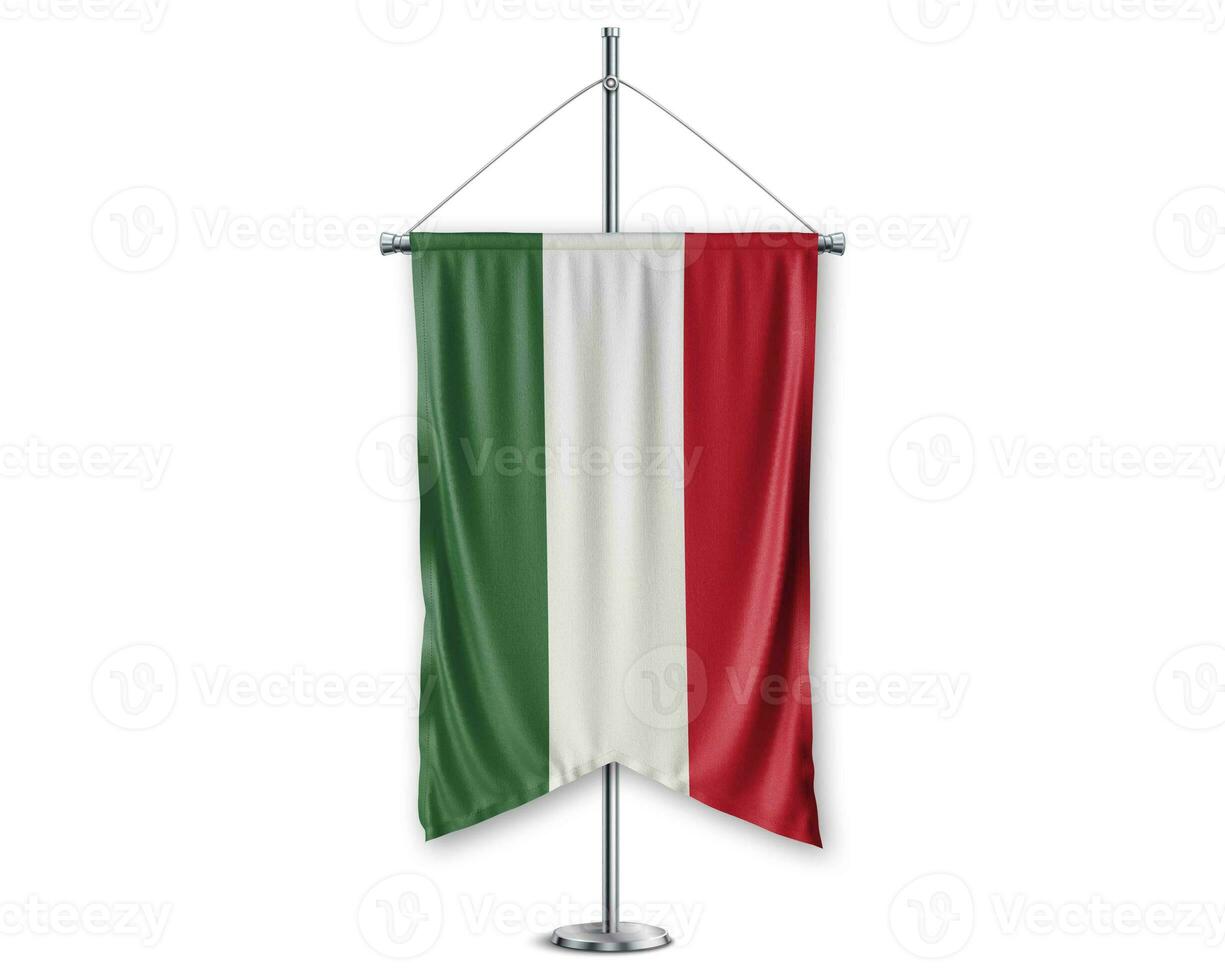 Hungary up pennants 3D flags on pole stand support pedestal realistic set and white background. - Image photo