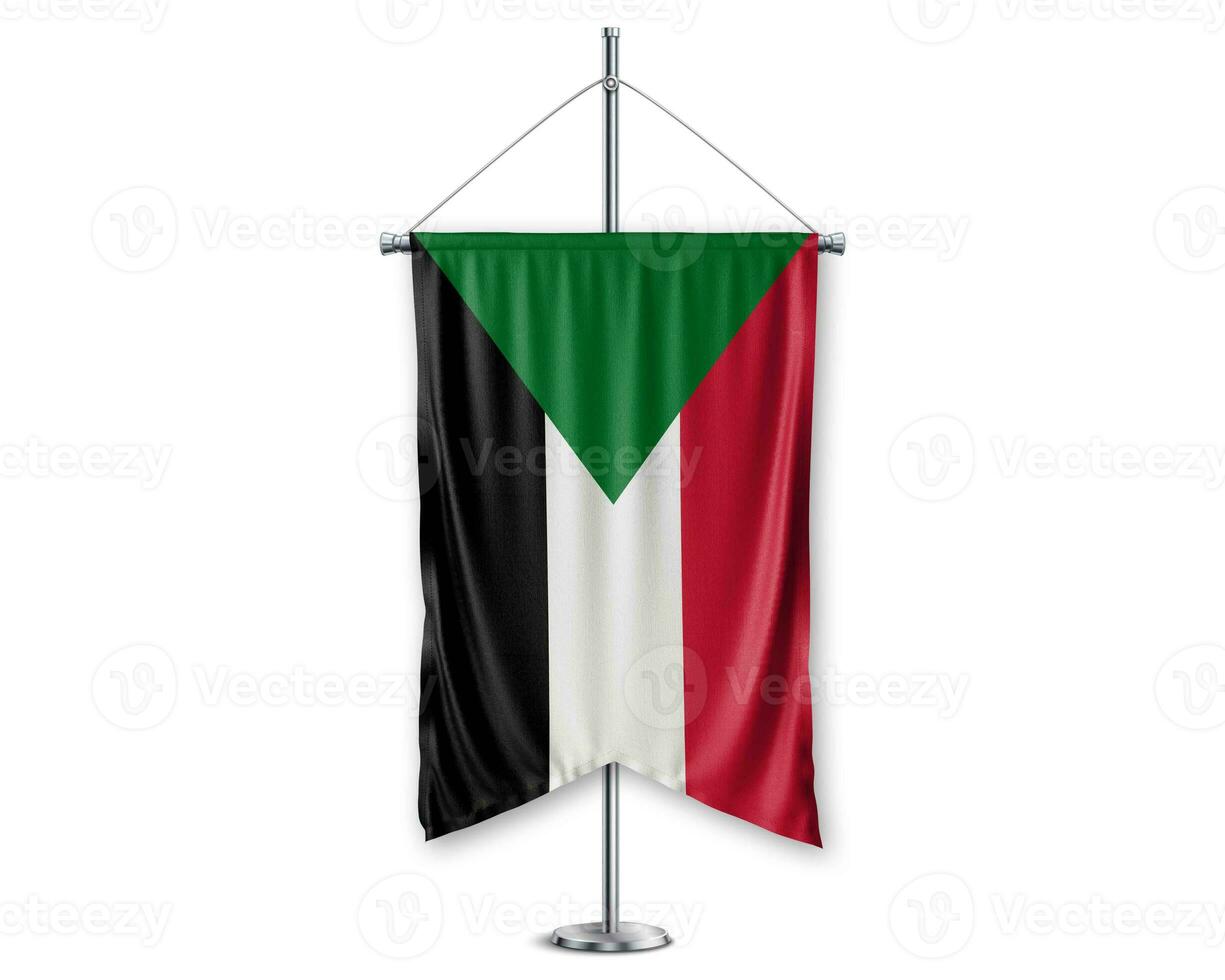 Sudan up pennants 3D flags on pole stand support pedestal realistic set and white background. - Image photo