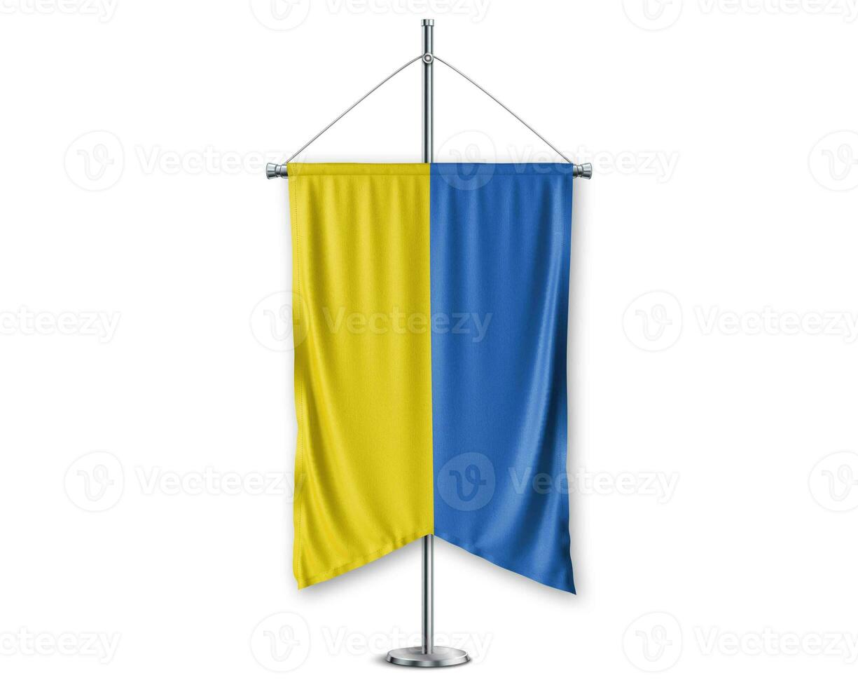 Ukraine up pennants 3D flags on pole stand support pedestal realistic set and white background. - Image photo