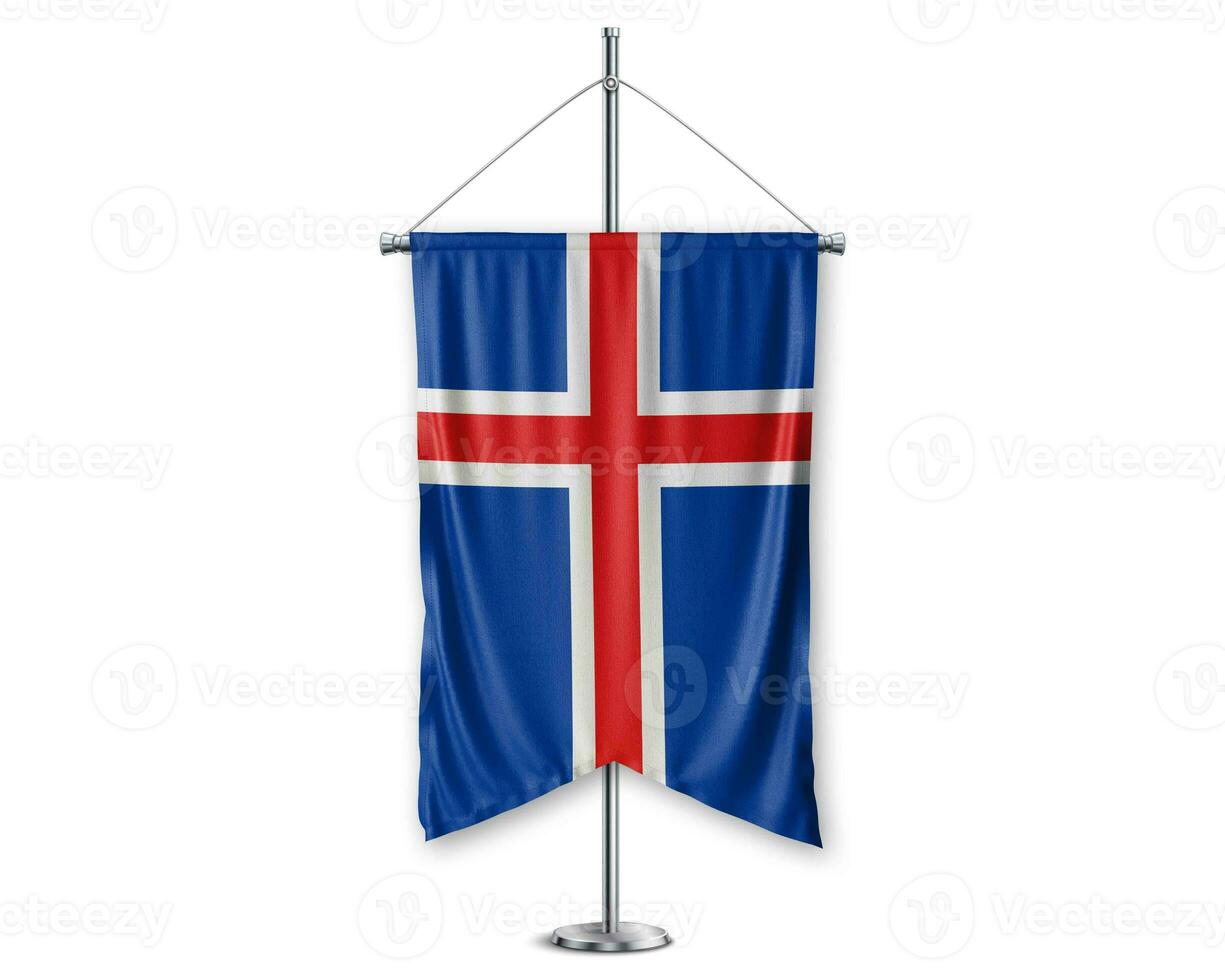 Iceland up pennants 3D flags on pole stand support pedestal realistic set and white background. - Image photo