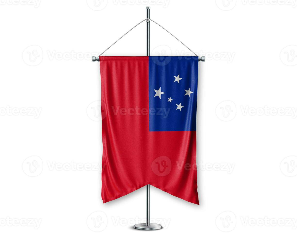 Samoa up pennants 3D flags on pole stand support pedestal realistic set and white background. - Image photo