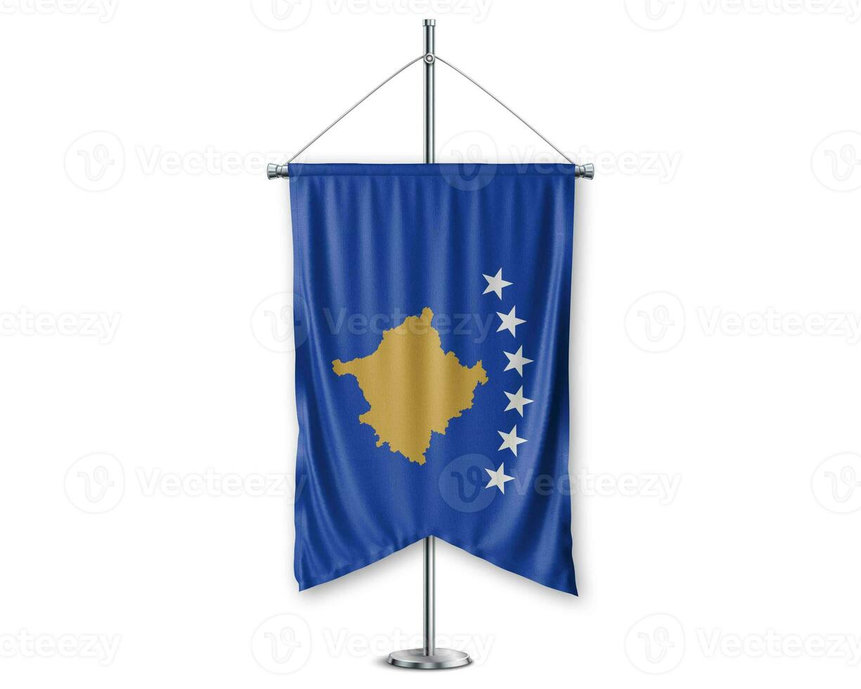 Kosovo up pennants 3D flags on pole stand support pedestal realistic set and white background. - Image photo