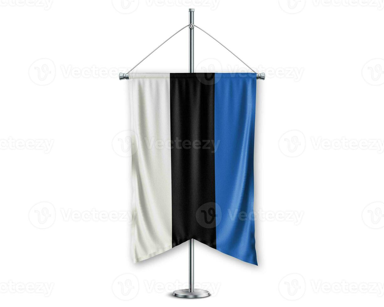 Estonia  up pennants 3D flags on pole stand support pedestal realistic set and white background. - Image photo