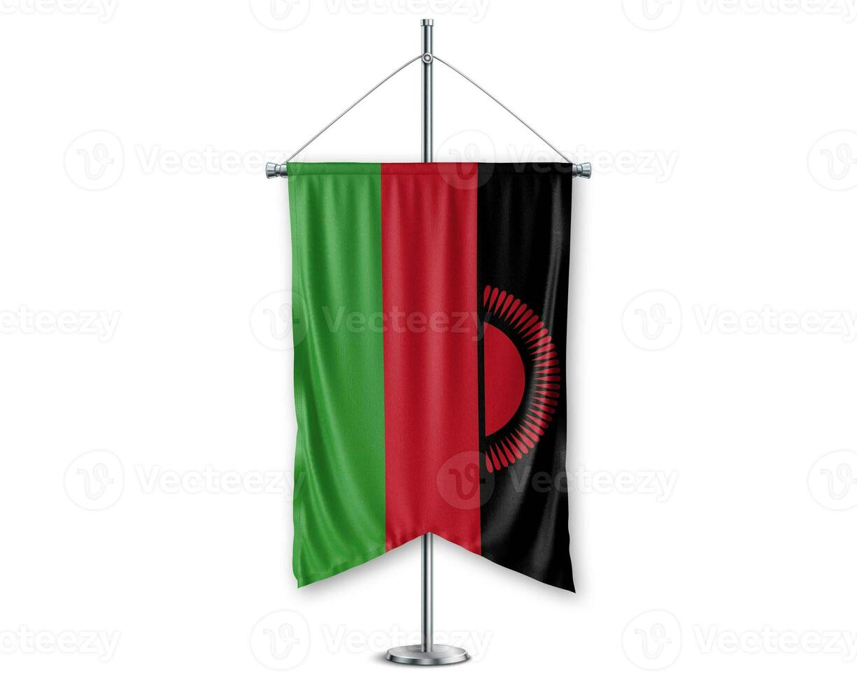 Malawi up pennants 3D flags on pole stand support pedestal realistic set and white background. - Image photo
